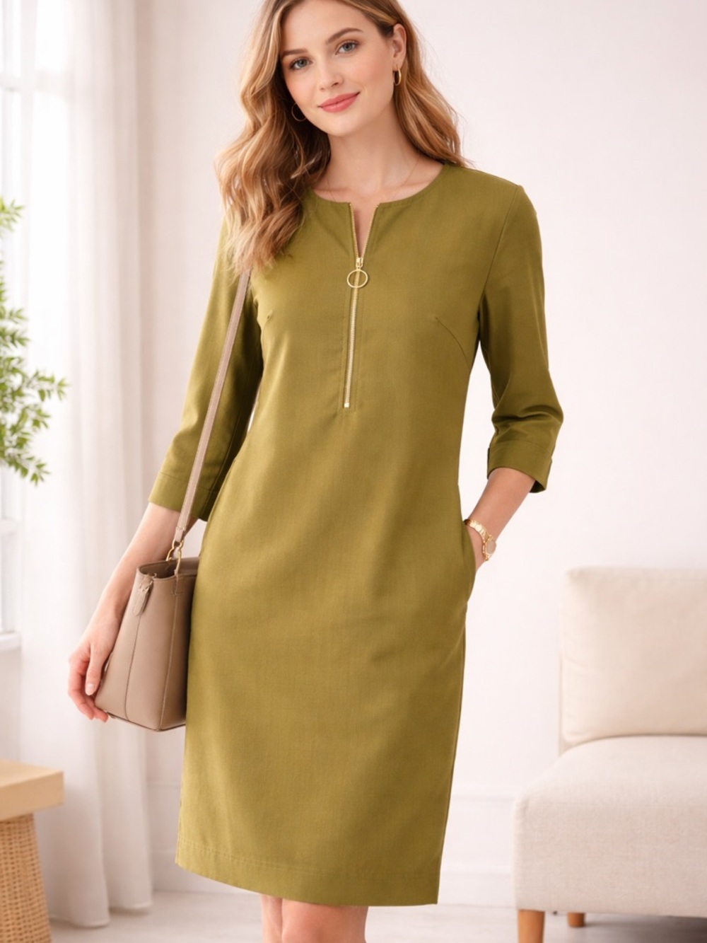Trina Turk Olive Green Shift Dress with Gold Zip Detail Size 8